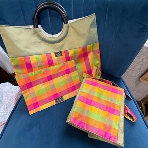 Della Q Silk Knitting Project Bag Set Colorful Plaid Tote + Organizer + Pouch